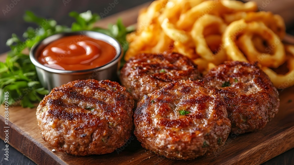 Lamb burgers served with a side of curly fries and dipping sauces Lamb burgers served with a side of curly fries and dipping sauces