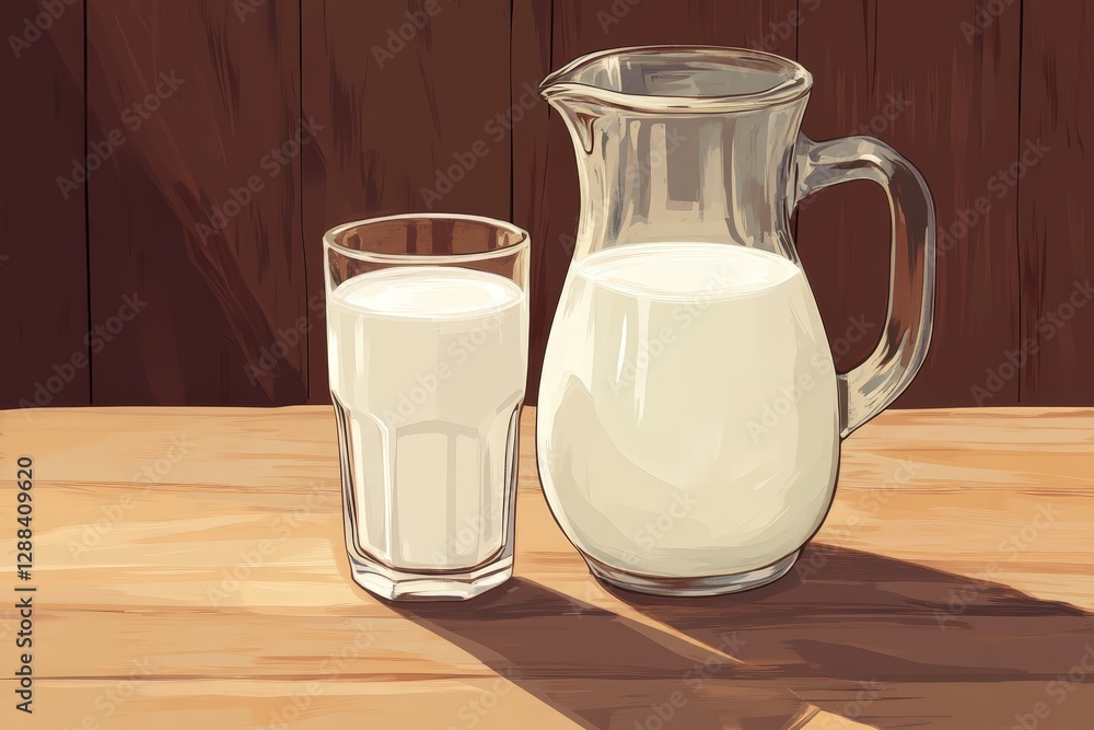 Glass and jug of fresh milk resting on wooden table Glass and jug of fresh milk resting on wooden table