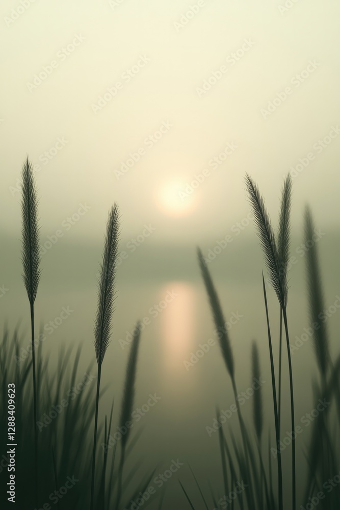 Obraz premium Silhouettes of tall grass against misty sunrise create serene at