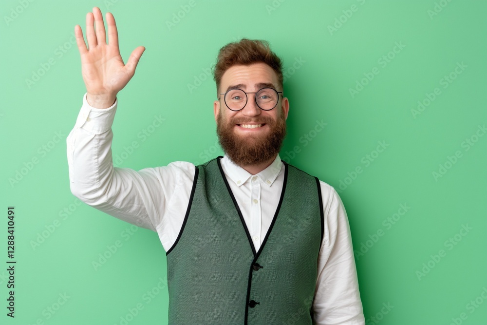 Skinny man in business casual vest waving smiling on pastel green background Skinny man in business casual vest waving smiling on pastel green background