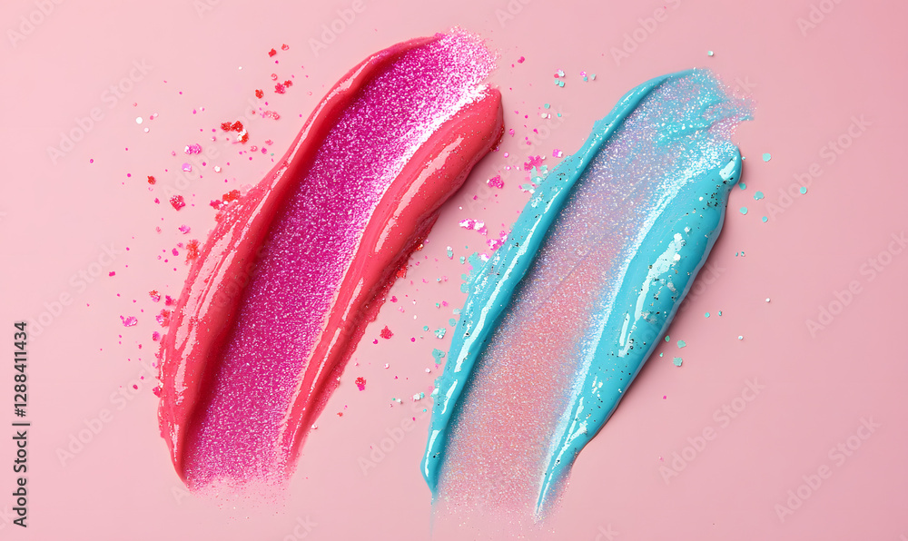 Fototapeta premium Vibrant glitter gel swatches of glitter on pastel color background, Generative AI