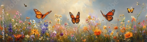Vibrant Monarch Butterflies Dancing Over a Colorful Wildflower Meadow Under a Soft, Sunlit Sky