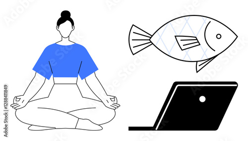 Person meditating in seated position, fish floating, laptop positioned sideways. Ideal for mindfulness, balance, technologys impact, work-life harmony, mental wellness, digital detox achieving
