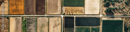 A drone’s-eye view of a large-scale farm with fields of different crops photo