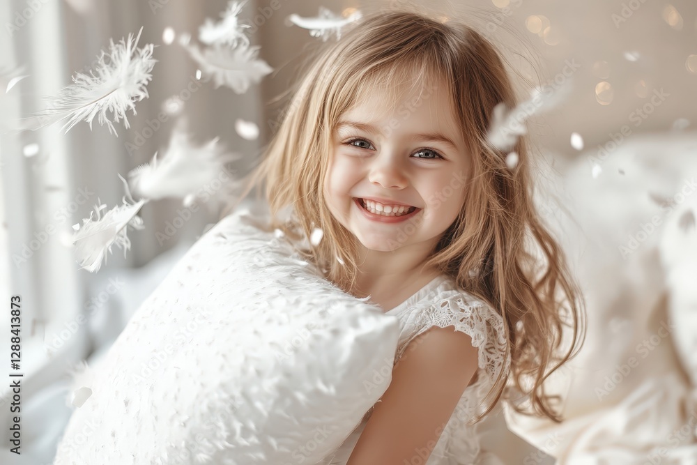 Happy smiling child girl playing with white feathers and pillow at home Happy smiling child girl playing with white feathers and pillow at home