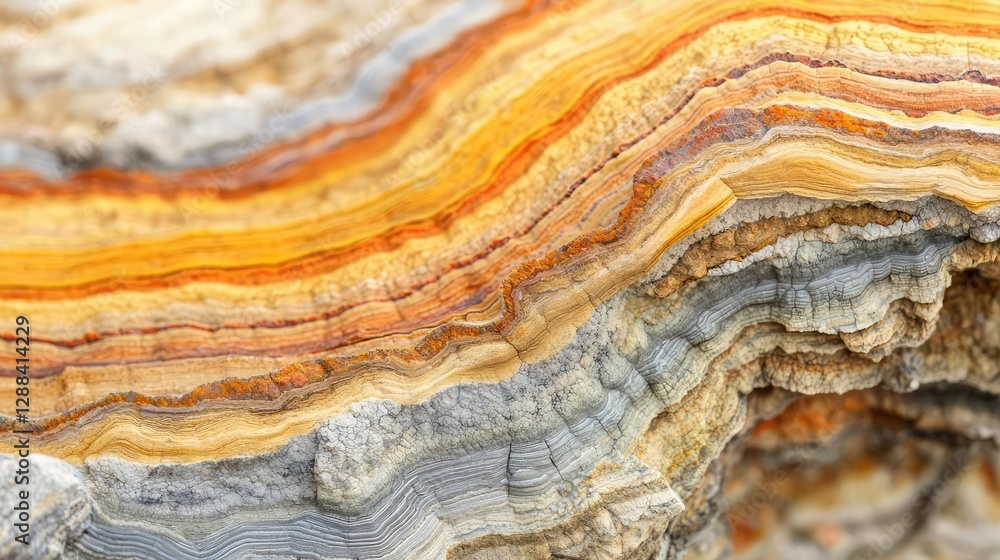 Naklejka premium Weathering process concept. Close-up of beautifully layered rock showcasing vibrant colors and intricate textures.