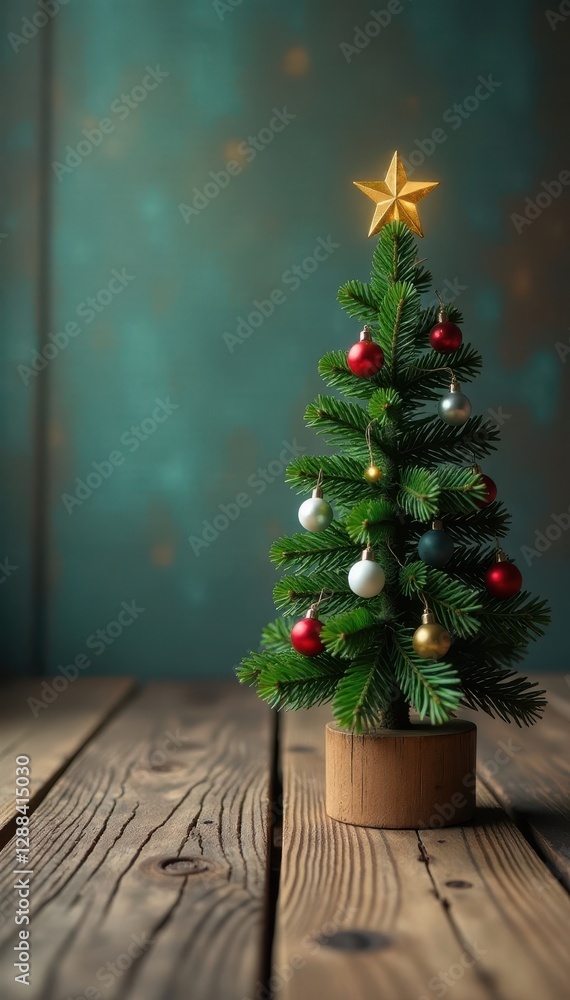Small Christmas tree on weathered wood planks, tree, grain, close-up Small Christmas tree on weathered wood planks, tree, grain, close-up