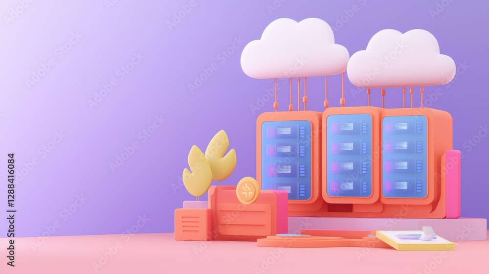 Cloud, Automation, and Compliance ensure efficiency. Bright 3D illustration featuring cloud storage and digital devices. Cloud, Automation, and Compliance ensure efficiency. Bright 3D illustration featuring cloud storage and digital devices.