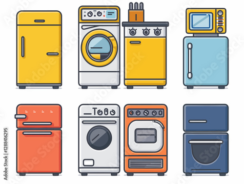 Kitchen furniture and utensils icons set in line style.