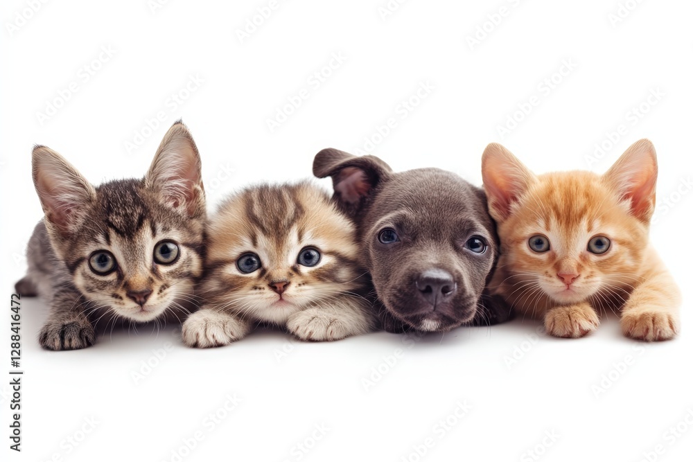 Adorable puppy and kittens lying together on white background Adorable puppy and kittens lying together on white background