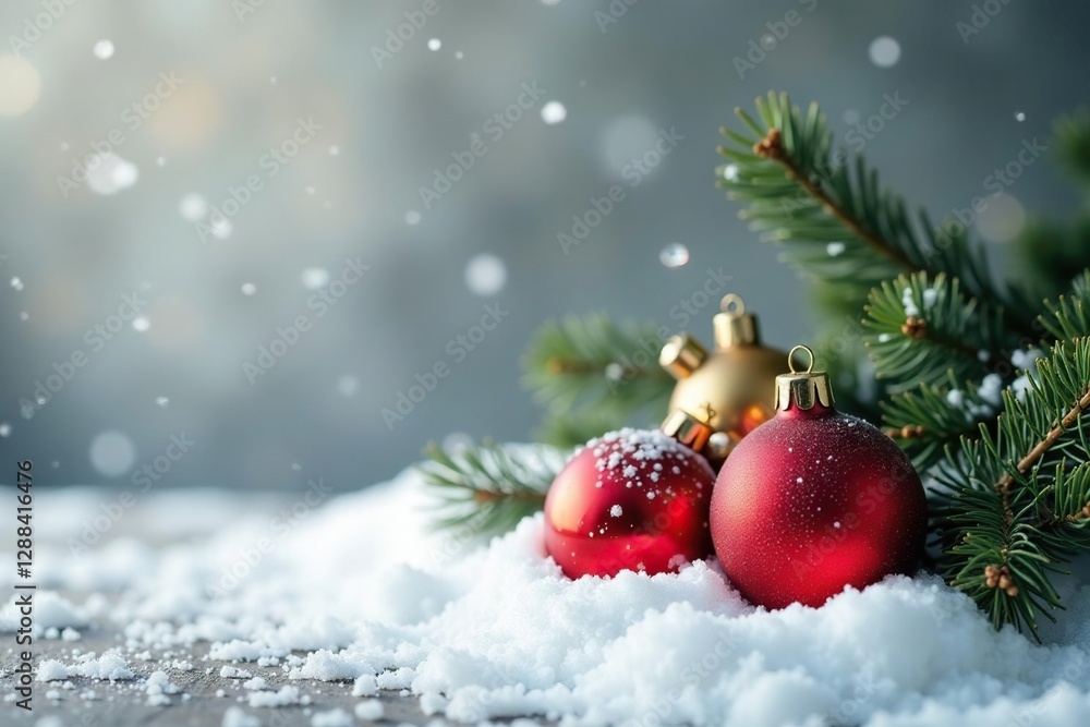 delicate snowy scene with Christmas balls and spruce branches, holiday decor, decoration, festive delicate snowy scene with Christmas balls and spruce branches, holiday decor, decoration, festive