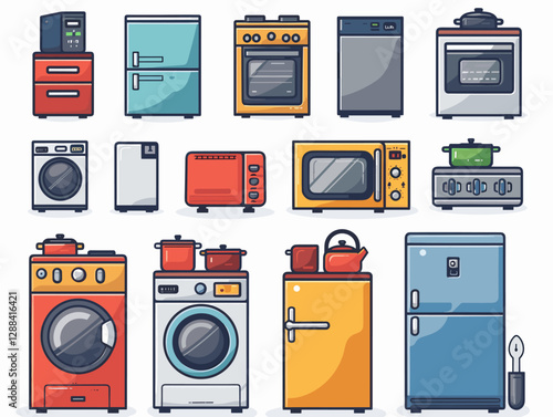 Kitchen furniture and utensils icons set in line style.