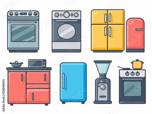 Kitchen furniture and utensils icons set in line style.