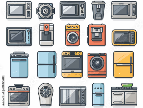 Kitchen furniture and utensils icons set in line style.