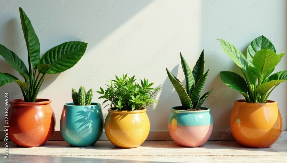 Fototapeta premium Colorful ceramic pots, thriving tropicals on floor , foliage, stylish