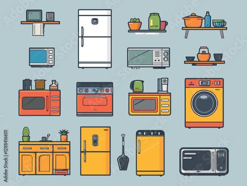 Kitchen furniture and utensils icons set in line style.