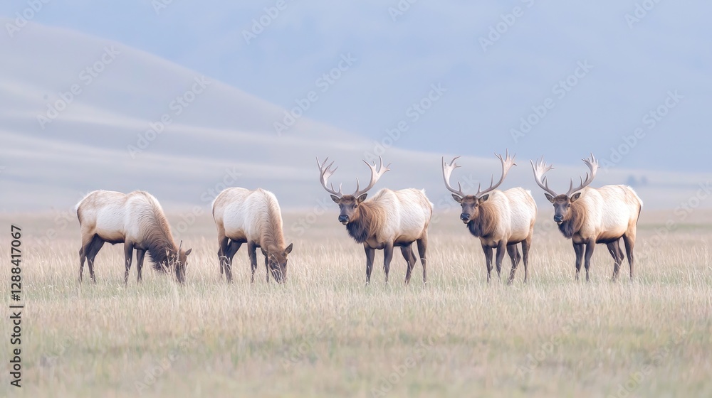 Elk herd grazing in a meadow landscape Elk herd grazing in a meadow landscape