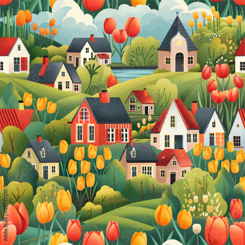 a spring drawing with a landscape. print with houses and flowers, tulips. Sweet village, vector, seamless pattern