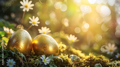 Golden Easter eggs glowing under soft sunlight on a bed of moss and flowers.
