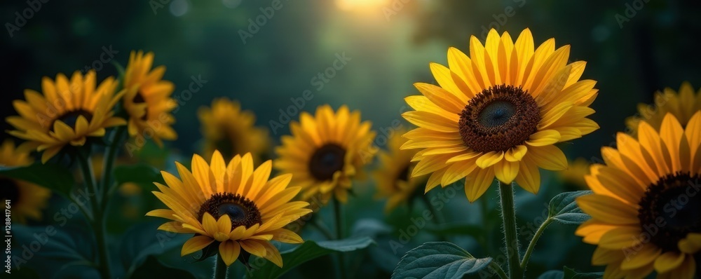 Obraz premium Dark moody backdrop, vibrant sunflowers bloom , floral, nature, vibrant