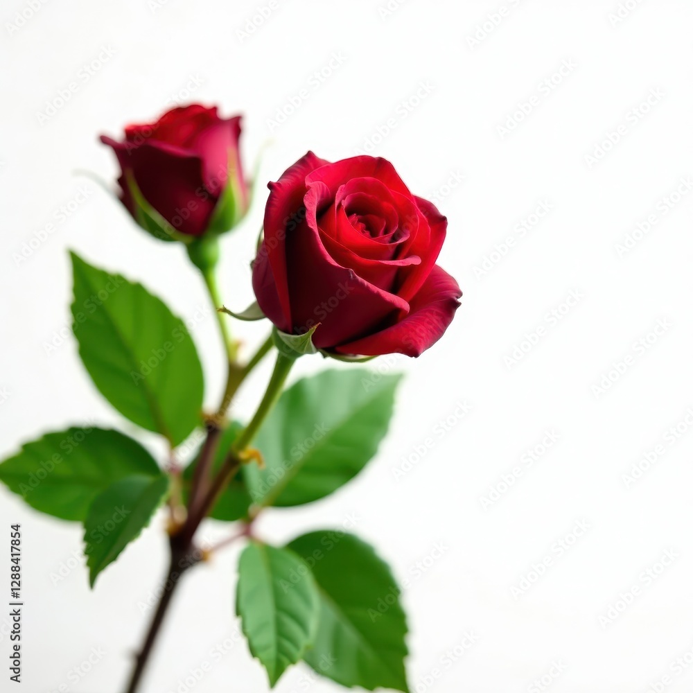 Obraz premium Dark red rose, lush green leaves, pristine white background, plant, red rose, botany