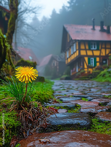 A vibrant yellow dandelion bravely blooms amidst a misty, cobblestone path leading to charming, halftimbered houses nestled in a fogshrouded forest. photo