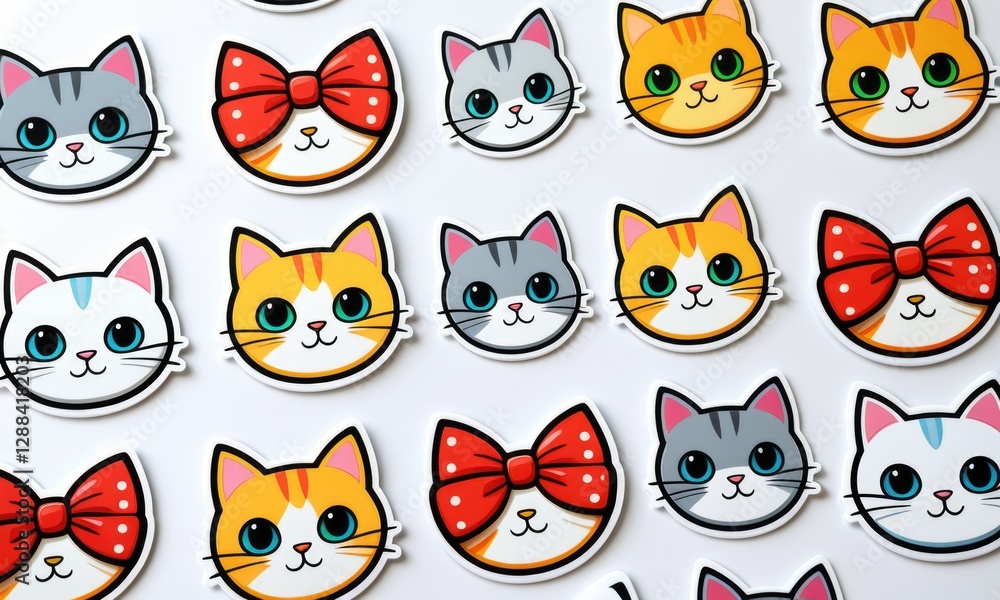Fototapeta premium Colorful cartoon cat faces with bows on white background