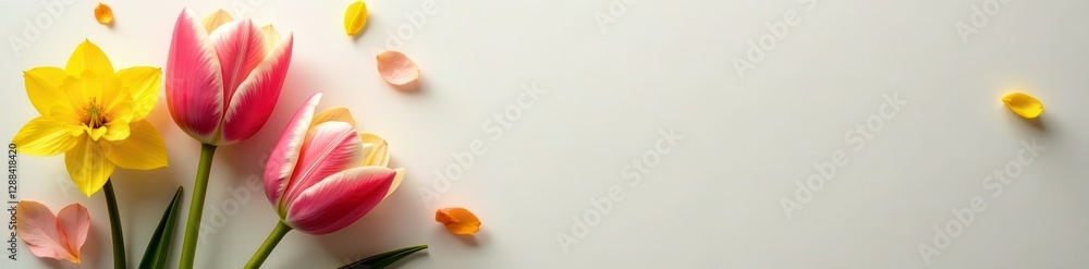 Fototapeta premium Delicate tulips & daffodils bloom on soft textured paper , fresh, detail