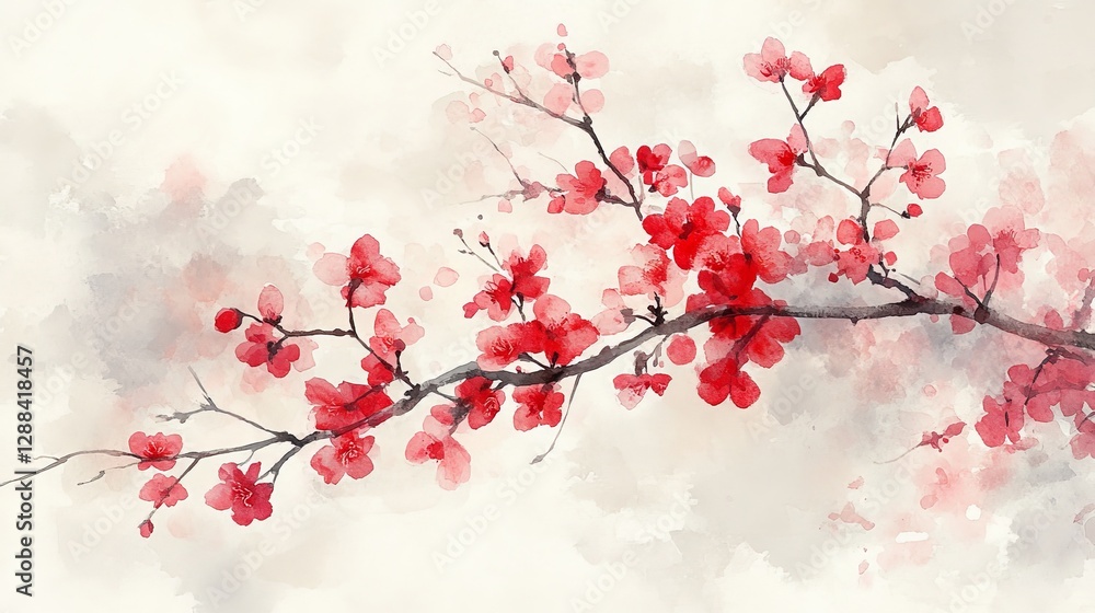 A watercolor illustration of a branch with vibrant red flowers against a soft background. A watercolor illustration of a branch with vibrant red flowers against a soft background.