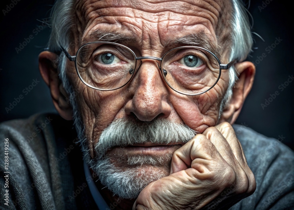 Reflective portrait of an elderly white man with bushy eyebrows in round glasses close-up emotional expression studio setting realism concept Reflective portrait of an elderly white man with bushy eyebrows in round glasses close-up emotional expression studio setting realism concept
