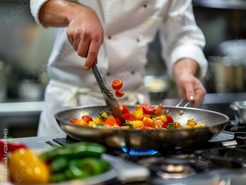 Culinary Creation: A skilled chef meticulously stirs colorful vegetables in a pan on a gas stove, highlighting the art of cooking and the vibrant ingredients.