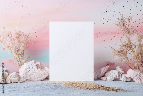 Blank white invivtaion card mockup for Mermaid party. In pastel colors and ocean decorations.