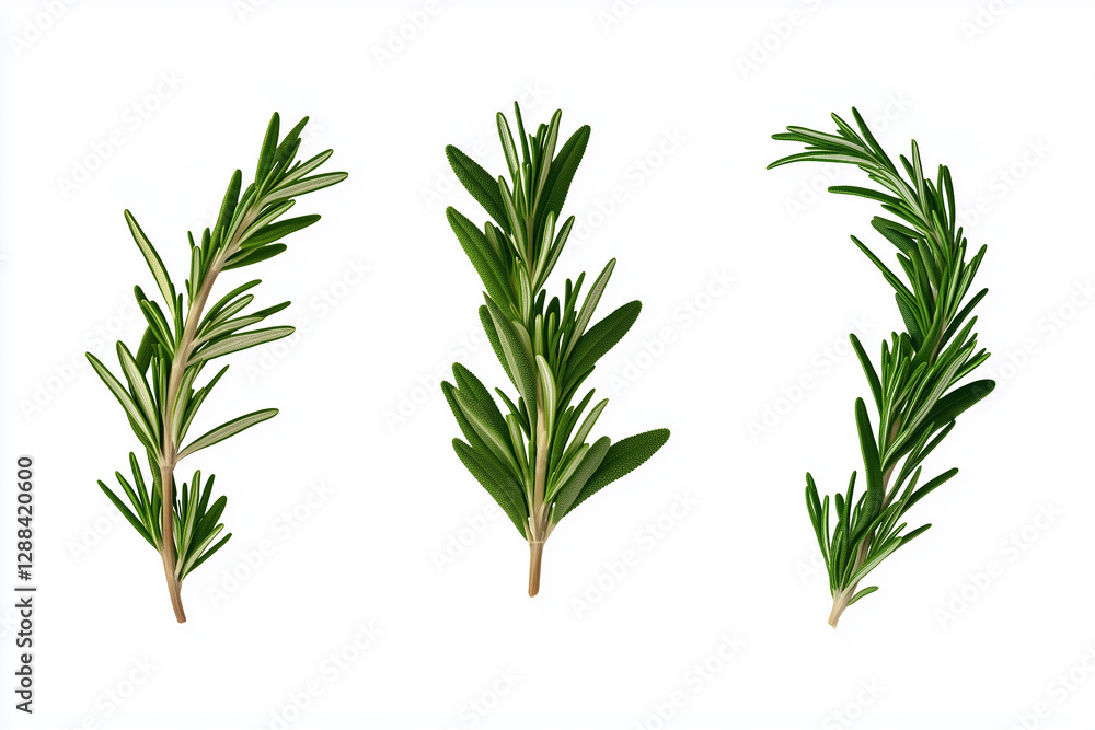 Fototapeta premium Fresh rosemary sprigs flying against a white background highlight vibrant culinary herb