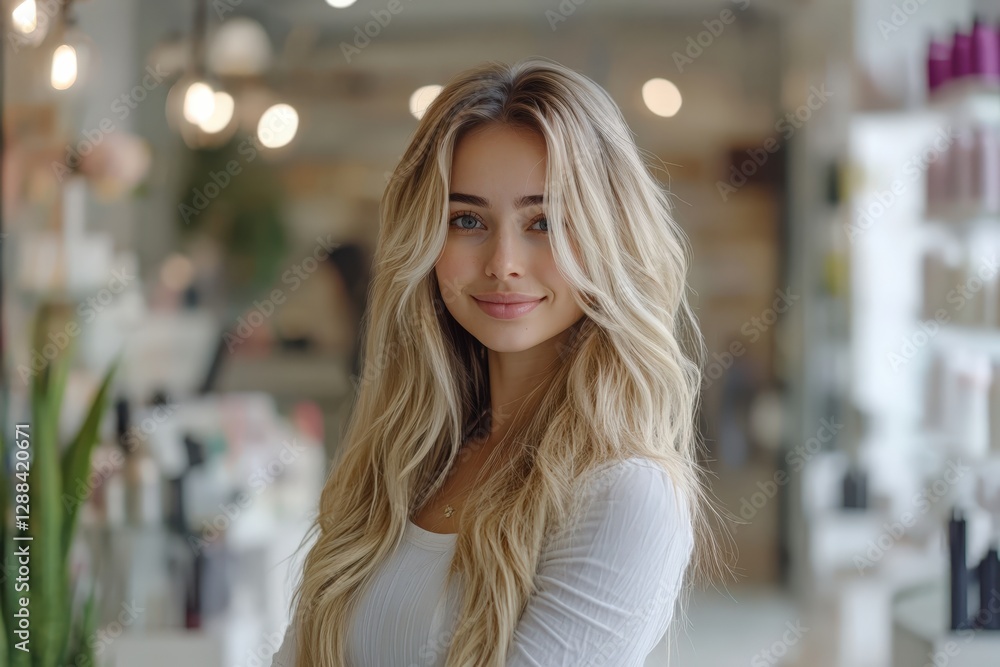 Smiling blonde hairdresser posing in beauty salon or hair salon Smiling blonde hairdresser posing in beauty salon or hair salon