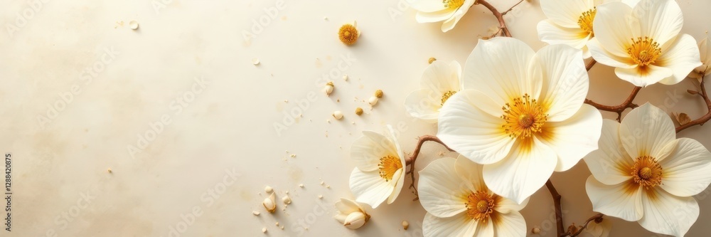 Fototapeta premium Gold & ivory blooms, beige linen background Subtle, luxurious feel , elegant, table decor, soft colors