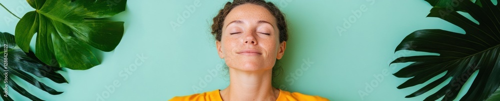 Obraz premium Mindful Living Young Woman Meditating Among Tropical Plants - Enhancing Wellness Content and Stress Management Strategies with Natural Light and Serene Aesthetics