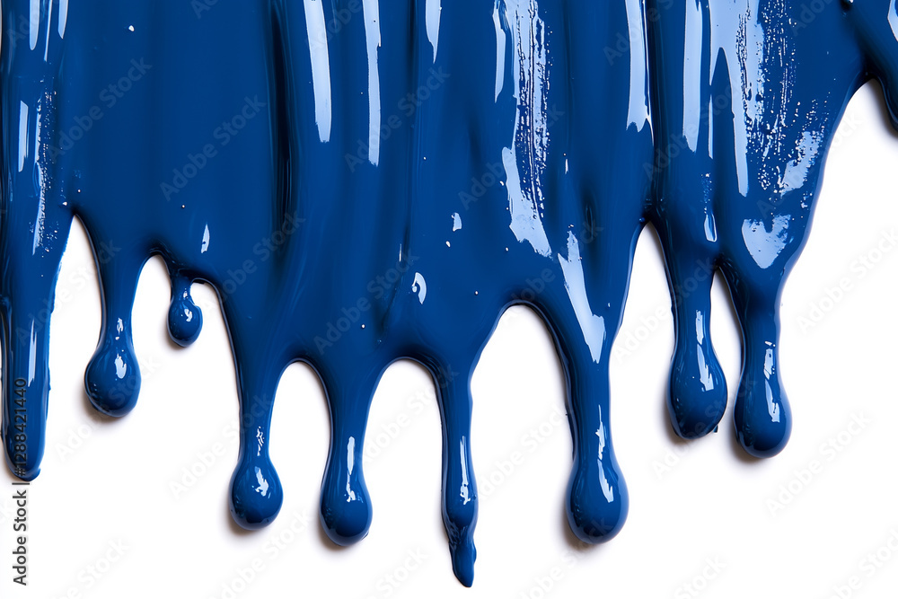 Blue paint dripping down in vibrant streaks against a clean white background