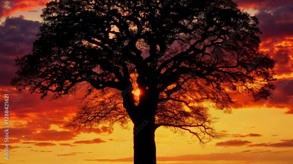 Fiery sunset, silhouette of a tree, dramatic backlighting, pan up to a reveal, establishing, striking, evocative, the edges of the tree glow with the light of the sunset Fiery sunset, silhouette of a tree, dramatic backlighting, pan up to a reveal, establishing, striking, evocative, the edges of the tree glow with the light of the sunset