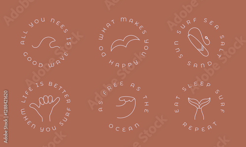 Round line badge about wave, surf board, gesture, hand, seagall, quote. Simple icons with text for surf camp, club merch, sticker template