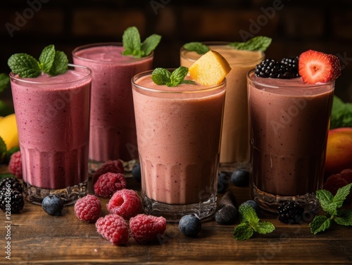 Wallpaper Mural A collection of vibrant fitness smoothies and protein shakes in transparent glasses with fresh fruits Torontodigital.ca