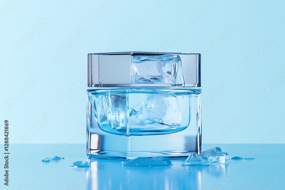 Glass container with ice on a blue background Glass container with ice on a blue background