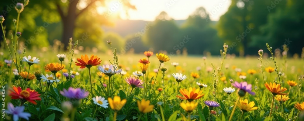 Obraz premium Lush Latvian meadow bursting with diverse wildflowers during the solstice , meadow, green, solstice