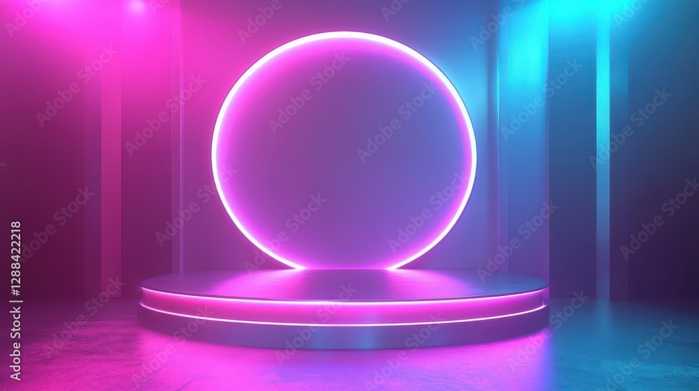 Neon circle above a glowing platform, vibrant pink and blue hues. Ideal for product displays, futuristic or trendy designs, and digital art. Neon circle above a glowing platform, vibrant pink and blue hues. Ideal for product displays, futuristic or trendy designs, and digital art.