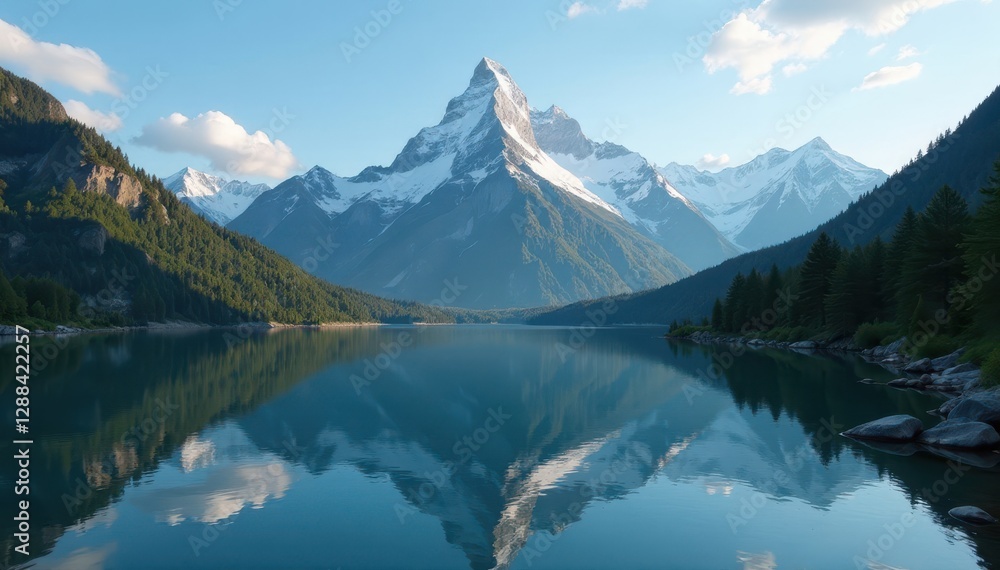 Fototapeta premium Majestic mountain range reflected in calm river, blue, dusk