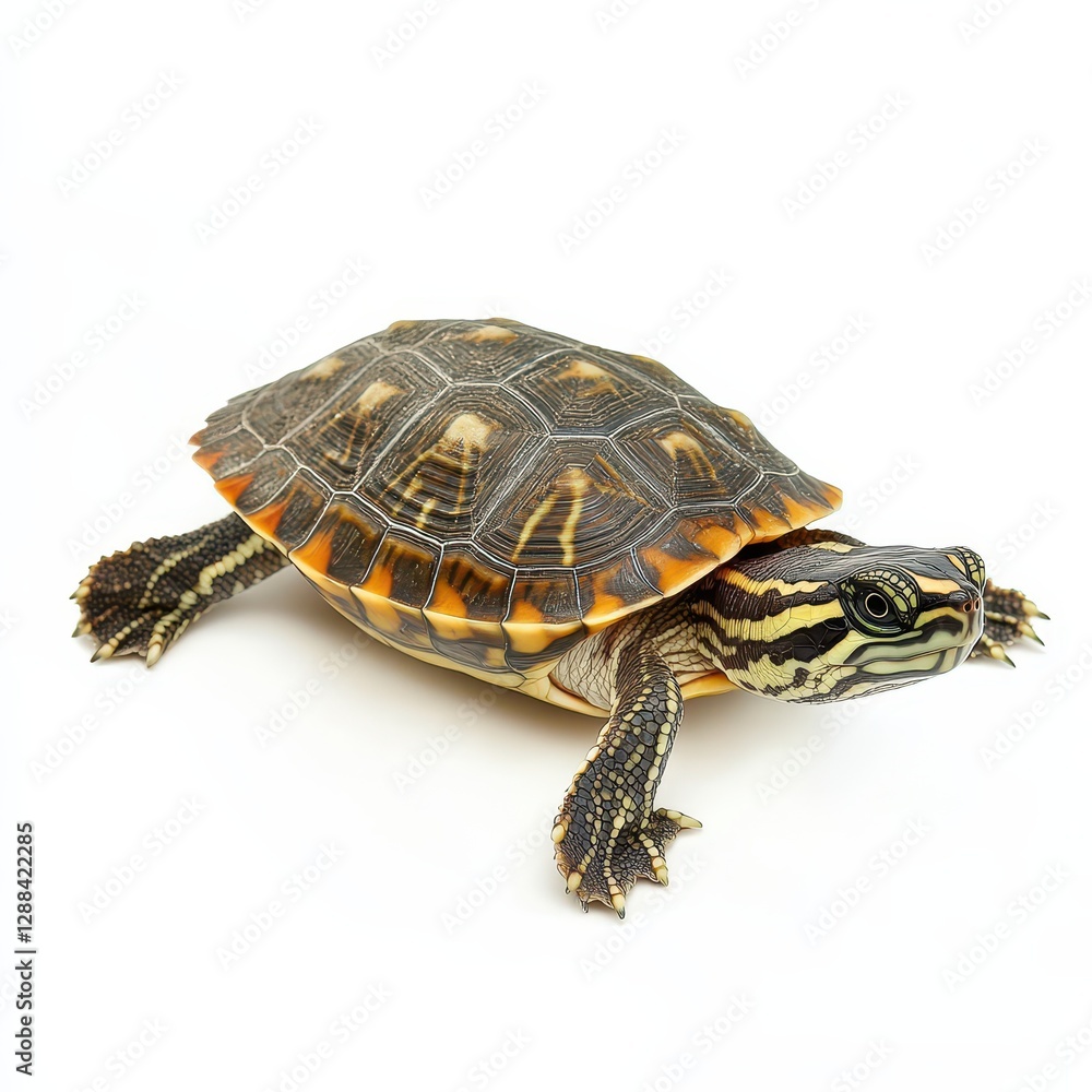 Colorful turtle with unique shell pattern in focus Colorful turtle with unique shell pattern in focus