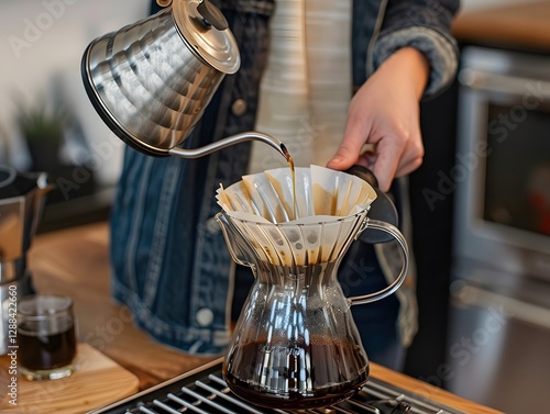 Pour Over Coffee Ritual: A person is carefully pouring hot water from a silver gooseneck kettle over freshly ground coffee beans in a glass pour-over carafe, creating a rich and aromatic brew.