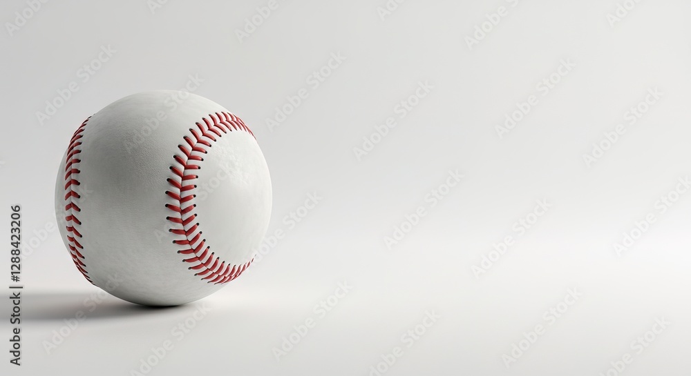 A single, pristine white baseball with red stitching rests on a stark white background. The image is minimalist, focusing on the balls texture and details. A single, pristine white baseball with red stitching rests on a stark white background. The image is minimalist, focusing on the balls texture and details.