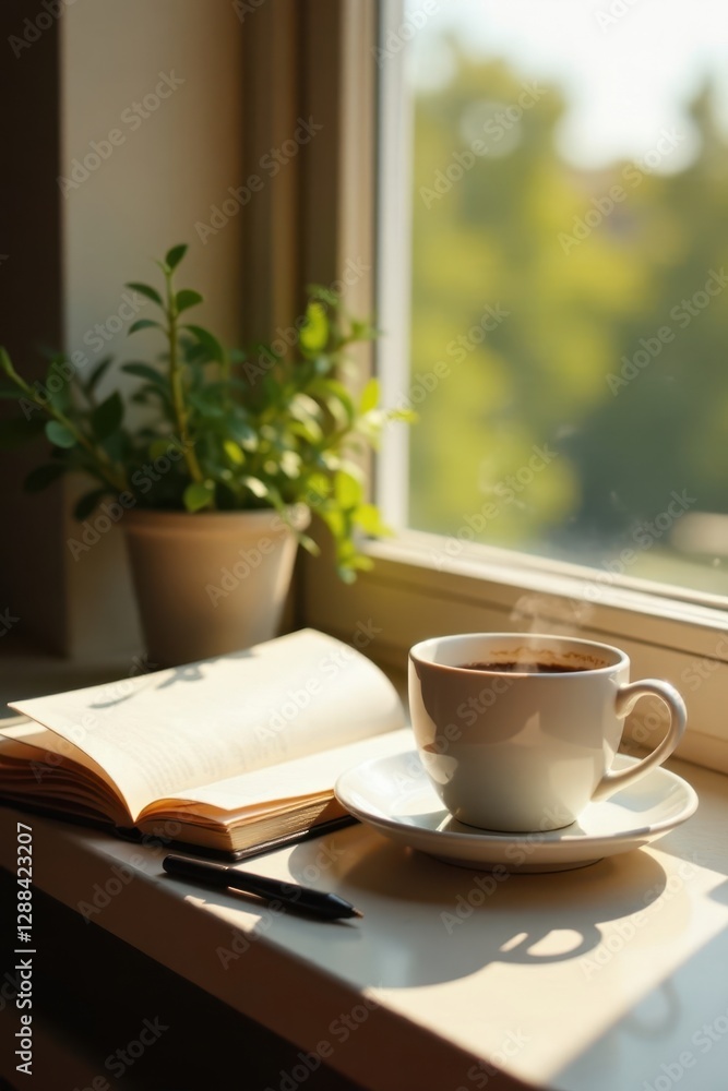 Open notebook & steaming coffee mug on sunny windowsill , warm, serene Open notebook & steaming coffee mug on sunny windowsill , warm, serene