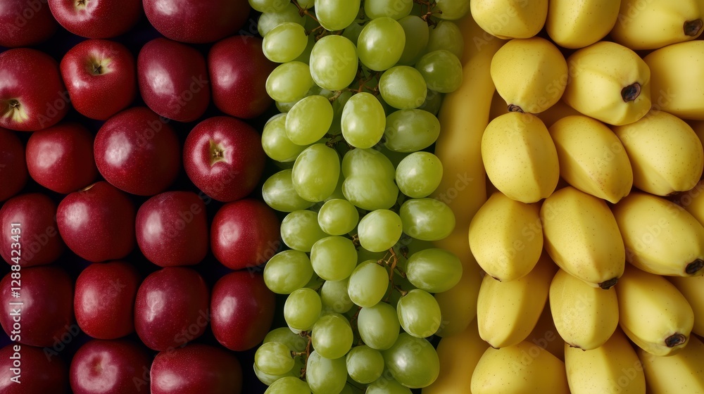 rows of red apples, green grapes, and yellow bananas in a colorful arrangement. rows of red apples, green grapes, and yellow bananas in a colorful arrangement.