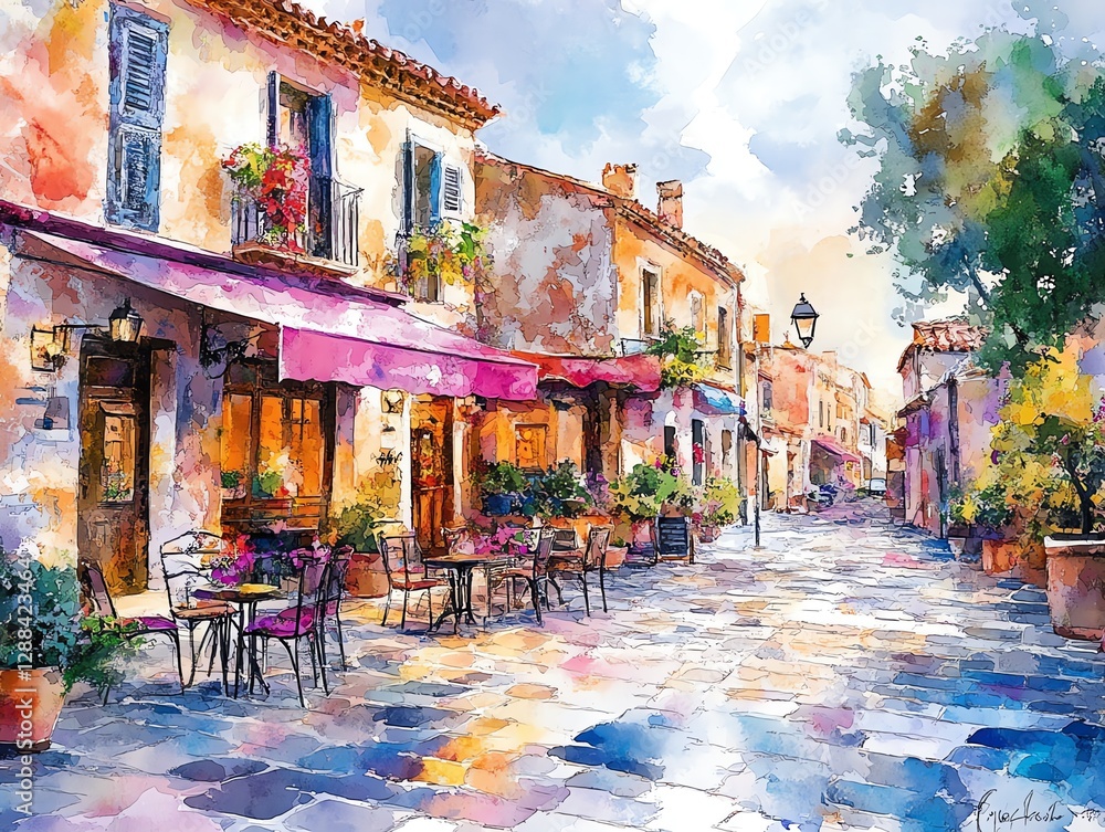 Obraz premium Charming European Cafe Street Scene Watercolor Painting Style Art